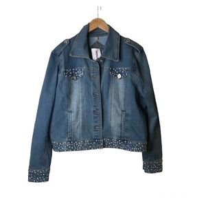 JouJou Jr Plus 2X Womens Denim Studded Distressed Jacket Cropped Pockets Blue